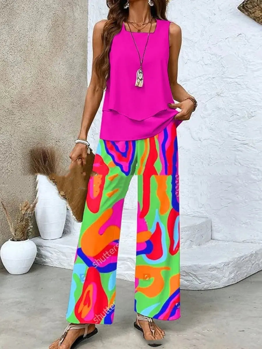 Print Suits Sleeveless Double-layer Vest And Loose Straight Pants Womens Clothing Conceitastral