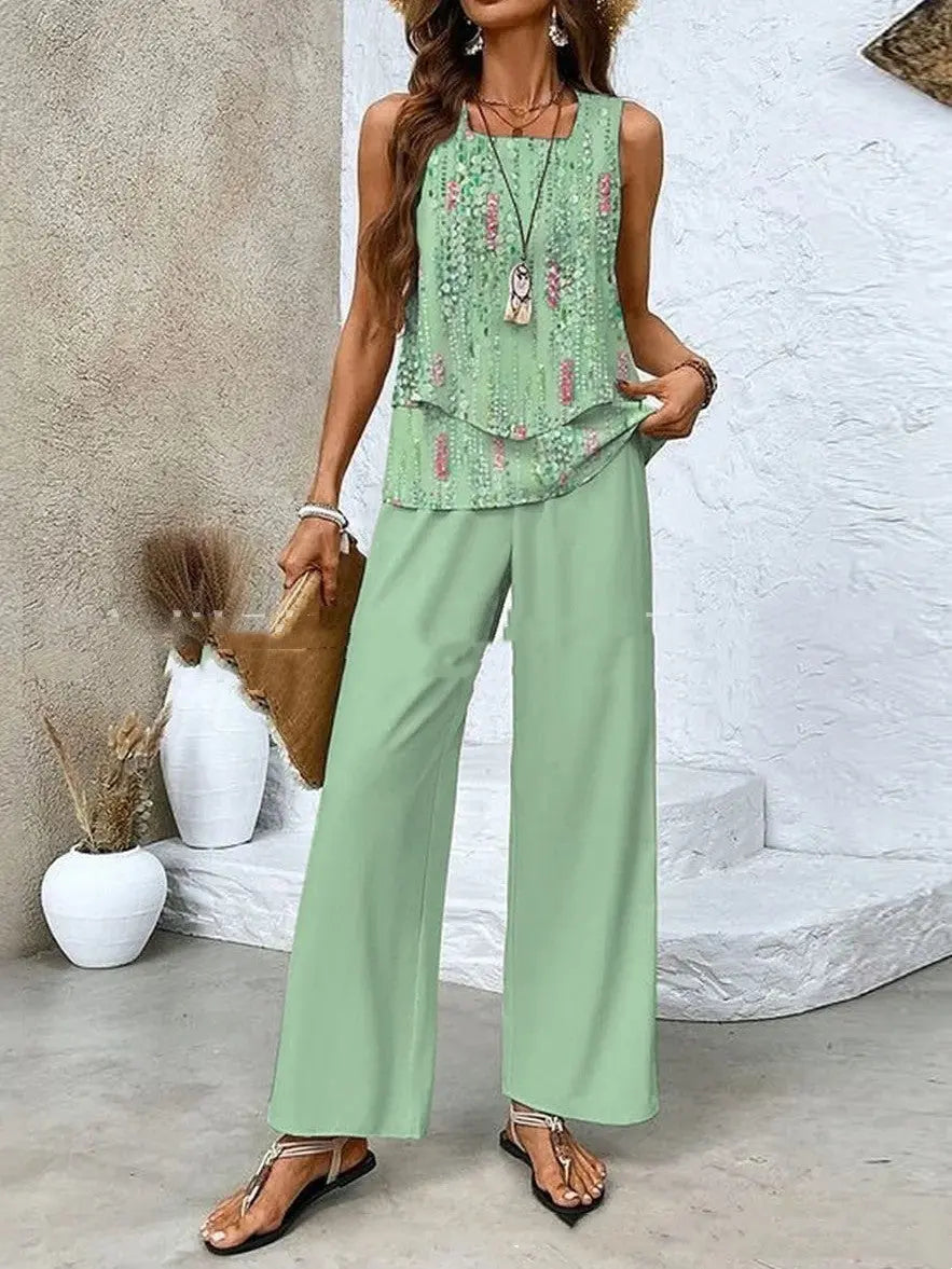 Print Suits Sleeveless Double-layer Vest And Loose Straight Pants Womens Clothing Conceitastral