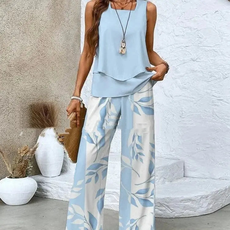 Print Suits Sleeveless Double-layer Vest And Loose Straight Pants Womens Clothing Conceitastral
