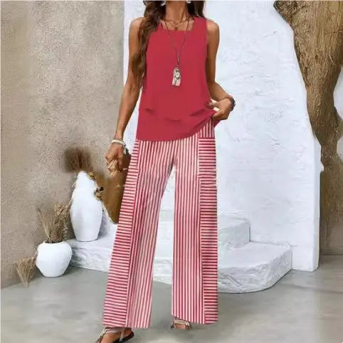 Print Suits Sleeveless Double-layer Vest And Loose Straight Pants Womens Clothing Conceitastral