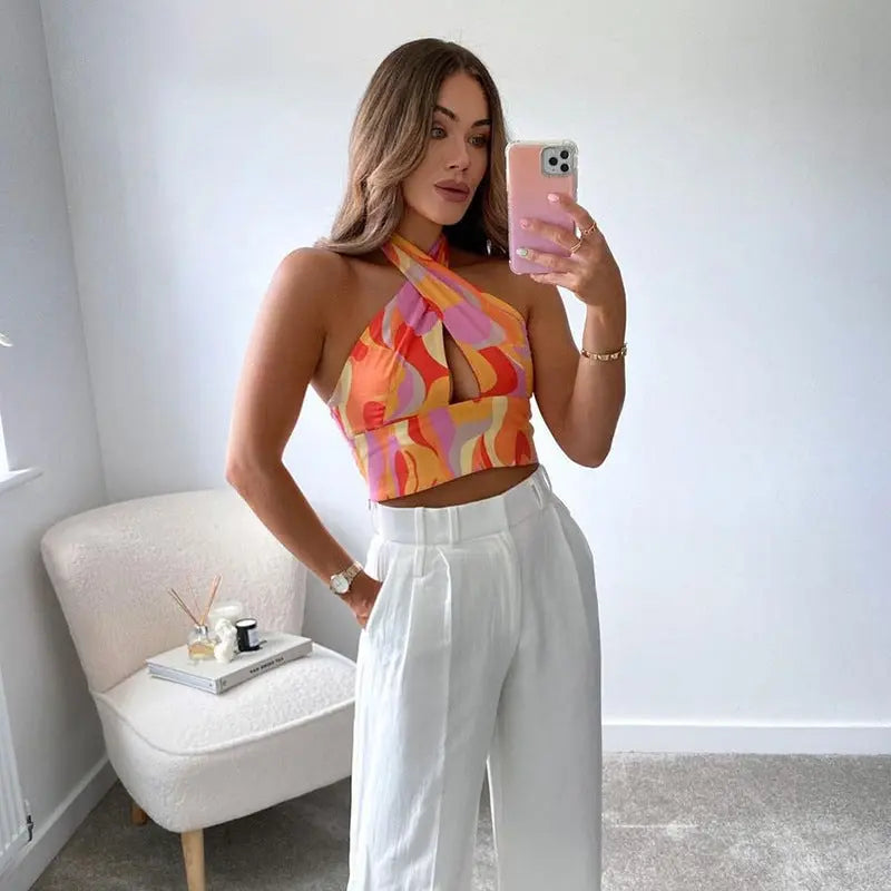 Printed Slim And Slim Backless Cross Halter Vest Conceitastral