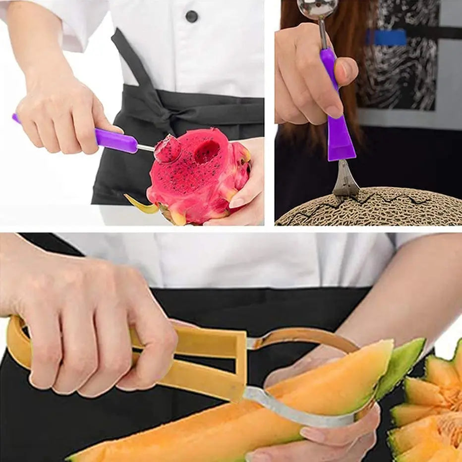 Professional 4 In 1 Stainless Steel Watermelon Cutter Fruit Carving Tools Set,Fruit Scooper Seed Remover Watermelon Knife For Dig Pulp Separator Fruit Slicer, Melon Baller Scoop Set Conceitastral