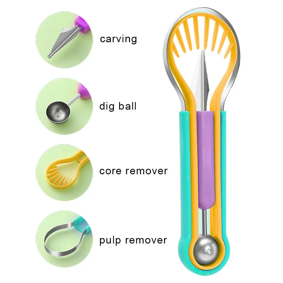 Professional 4 In 1 Stainless Steel Watermelon Cutter Fruit Carving Tools Set,Fruit Scooper Seed Remover Watermelon Knife For Dig Pulp Separator Fruit Slicer, Melon Baller Scoop Set Conceitastral