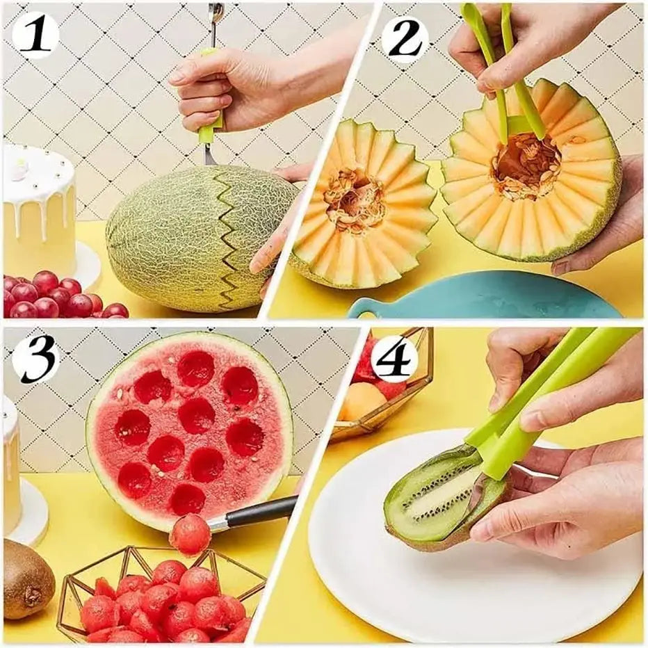 Professional 4 In 1 Stainless Steel Watermelon Cutter Fruit Carving Tools Set,Fruit Scooper Seed Remover Watermelon Knife For Dig Pulp Separator Fruit Slicer, Melon Baller Scoop Set Conceitastral