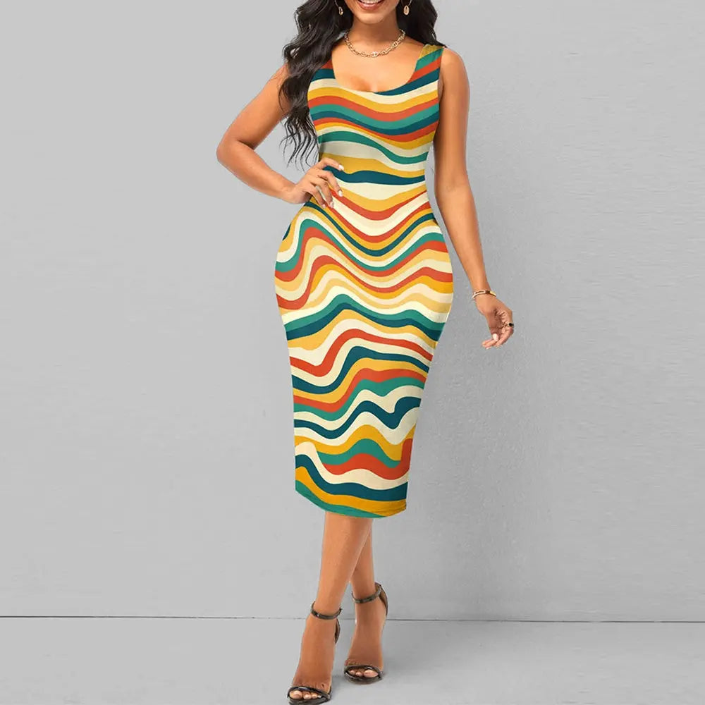 Retro Pattern Female Digital Print Sleeveless Round Neck Slim Dress Conceitastral