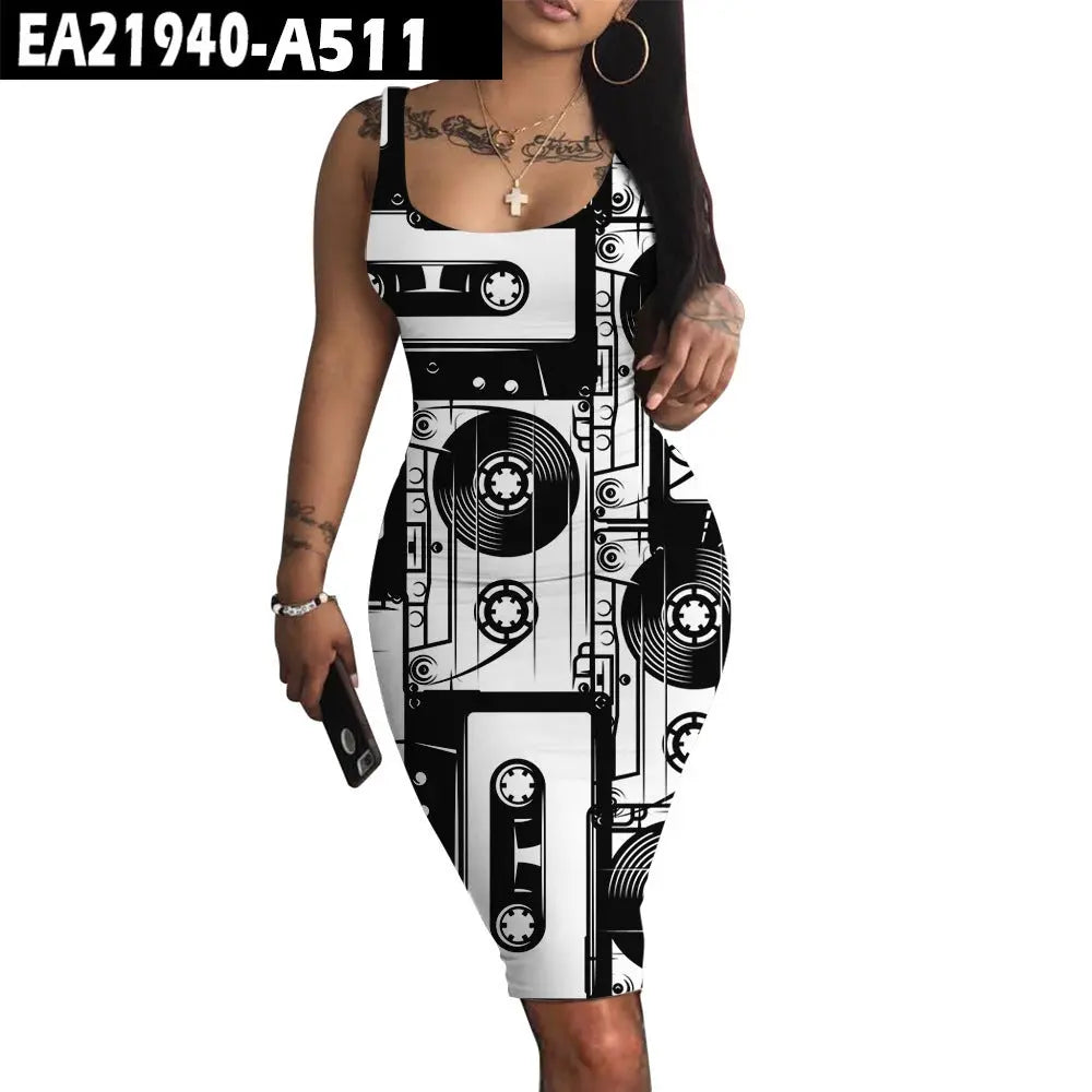 Retro Pattern Female Digital Print Sleeveless Round Neck Slim Dress Conceitastral