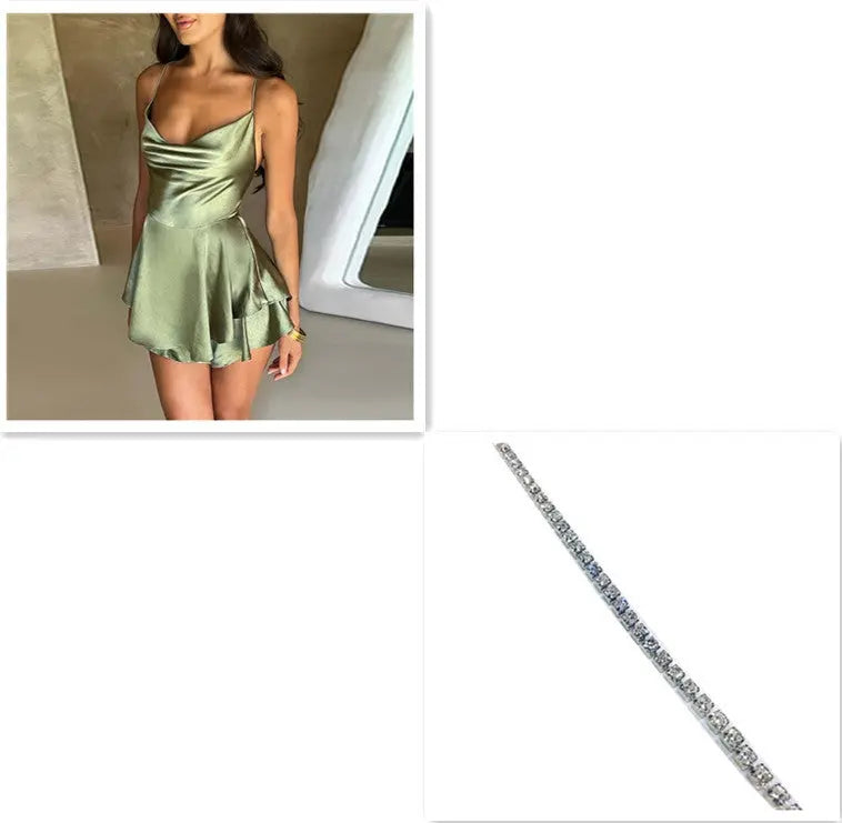 Sexy Suspender Skirt For Women Elegant Slim Strap Satin Backless Lace Up A-Line Short Dress Lady Conceitastral