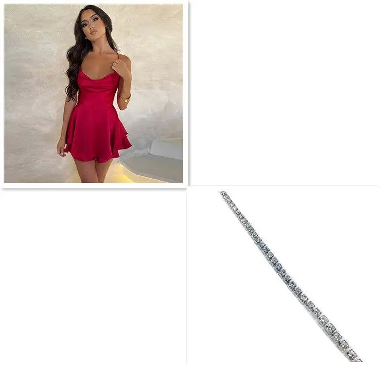 Sexy Suspender Skirt For Women Elegant Slim Strap Satin Backless Lace Up A-Line Short Dress Lady Conceitastral