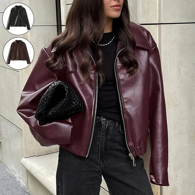Solid Color Lapel Zipper Jacket Fashion Casual Long Sleeve Leather Coat Tops Women Clothing Conceitastral