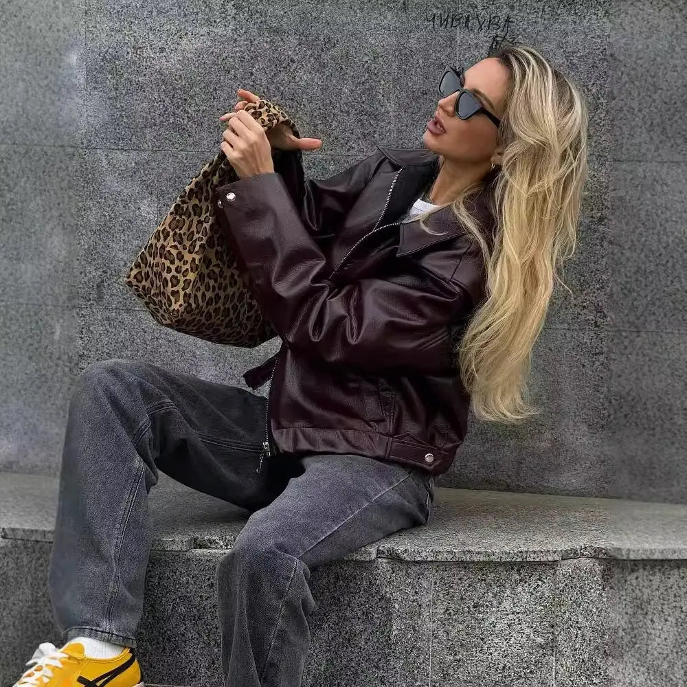 Solid Color Lapel Zipper Jacket Fashion Casual Long Sleeve Leather Coat Tops Women Clothing Conceitastral