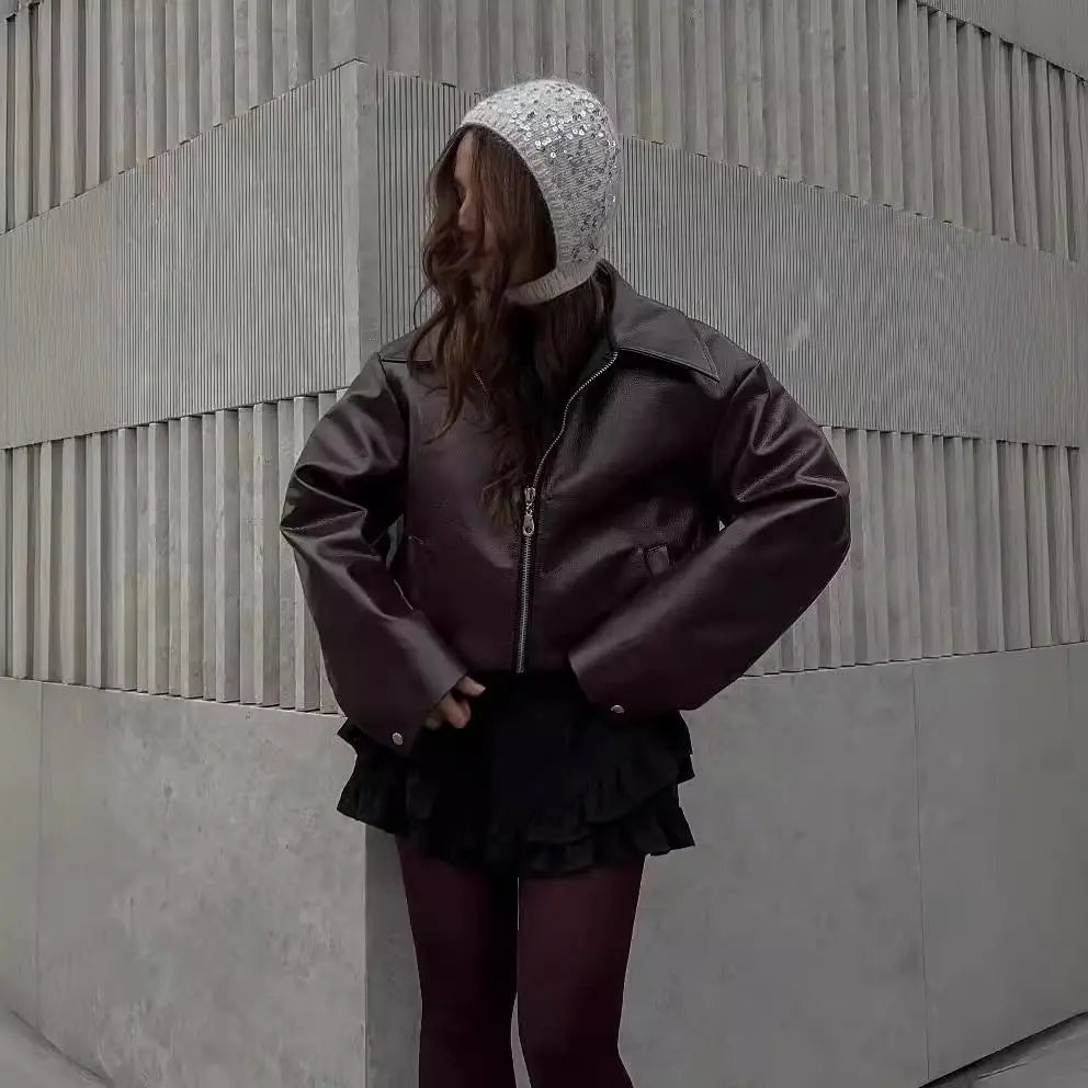 Solid Color Lapel Zipper Jacket Fashion Casual Long Sleeve Leather Coat Tops Women Clothing Conceitastral