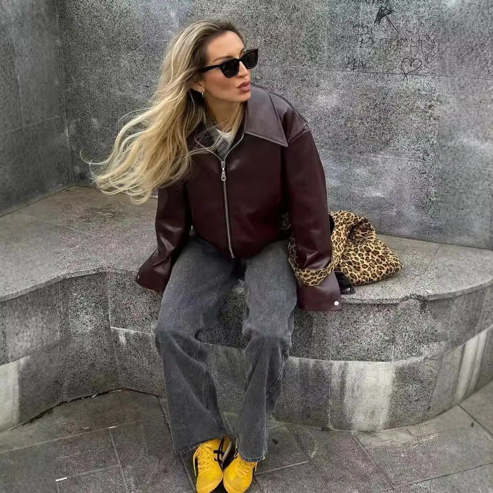 Solid Color Lapel Zipper Jacket Fashion Casual Long Sleeve Leather Coat Tops Women Clothing Conceitastral