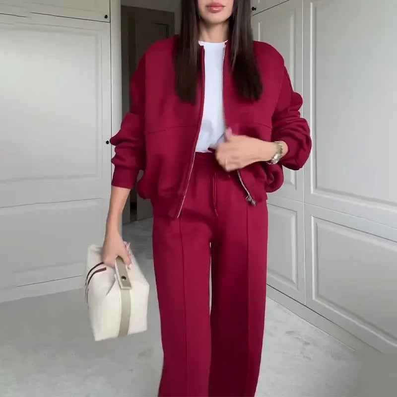 Solid Color Loose Zip Sweater Casual Trousers Suit Conceitastral