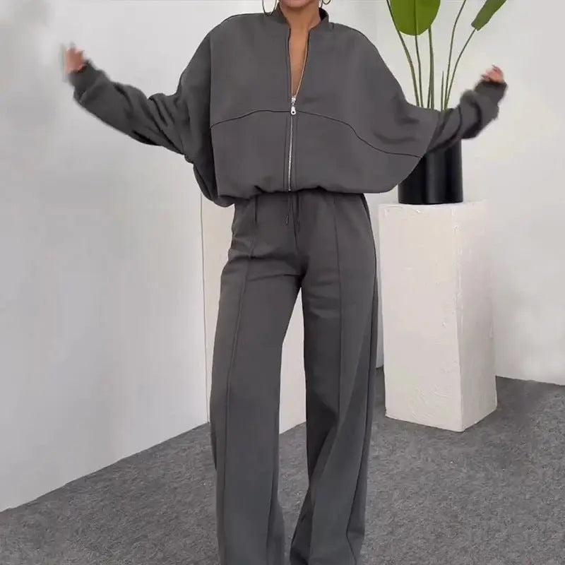Solid Color Loose Zip Sweater Casual Trousers Suit Conceitastral