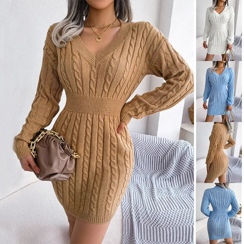 Solid Color V-Neck Long Sleeve Knit Dress Ins Fashion Slim Waisted Hip Dress Womens Clothing Conceitastral