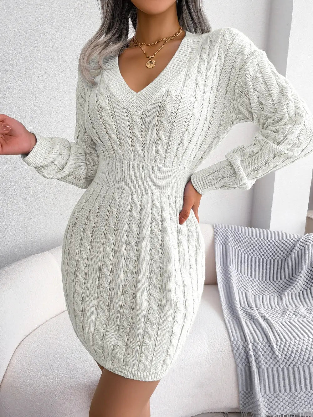 Solid Color V-Neck Long Sleeve Knit Dress Ins Fashion Slim Waisted Hip Dress Womens Clothing Conceitastral