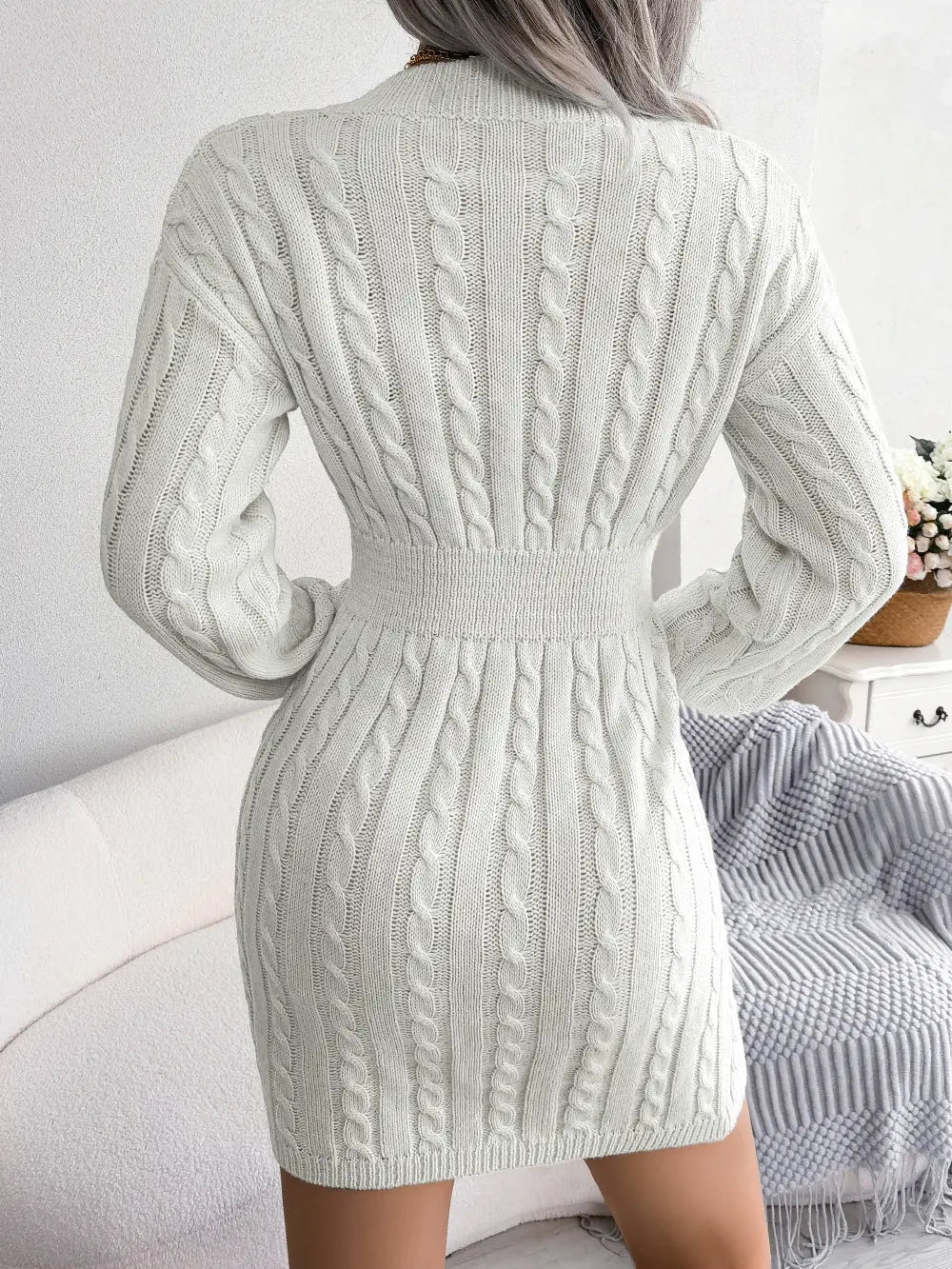 Solid Color V-Neck Long Sleeve Knit Dress Ins Fashion Slim Waisted Hip Dress Womens Clothing Conceitastral