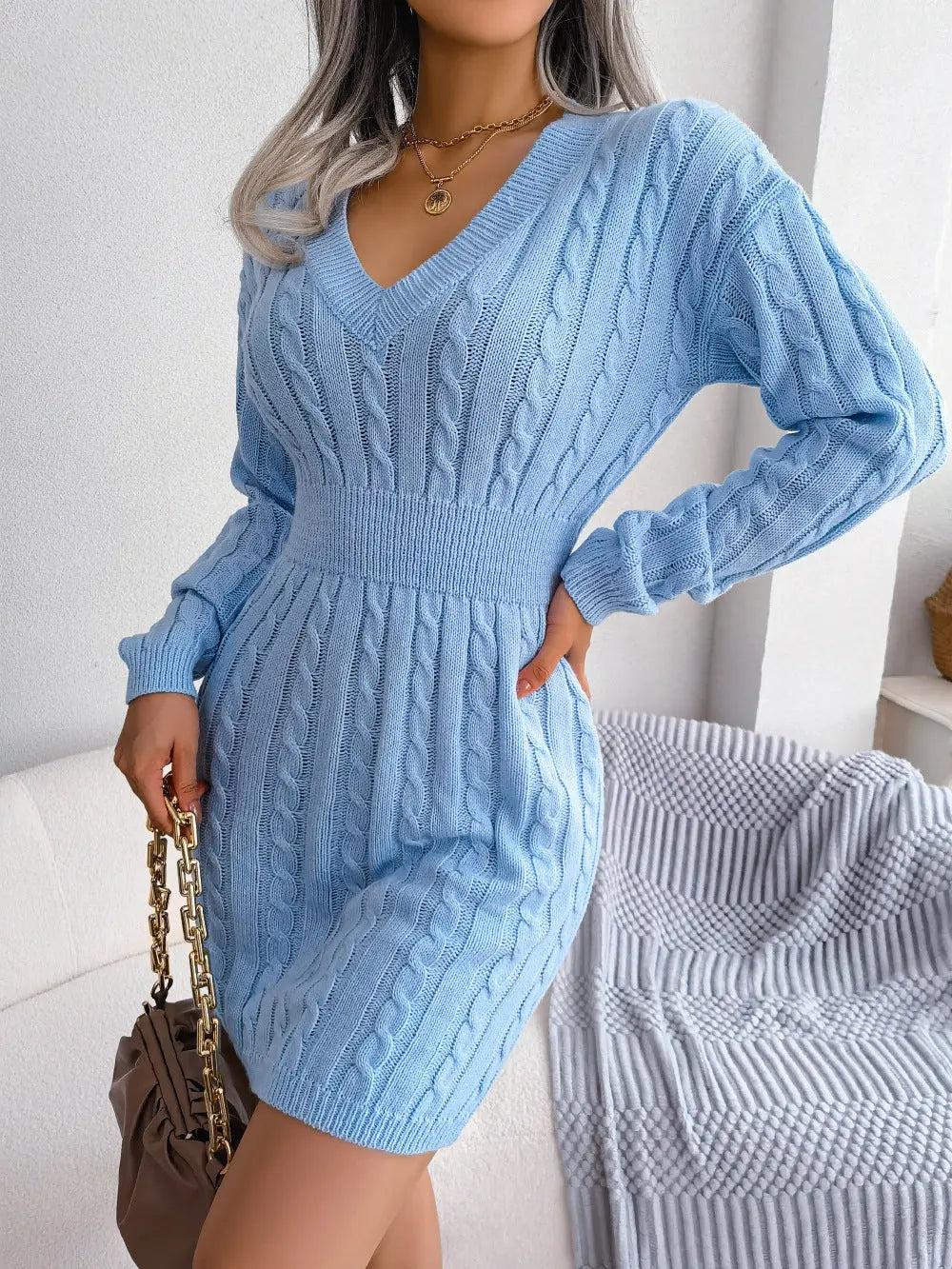 Solid Color V-Neck Long Sleeve Knit Dress Ins Fashion Slim Waisted Hip Dress Womens Clothing Conceitastral