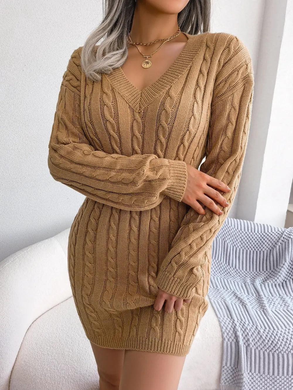 Solid Color V-Neck Long Sleeve Knit Dress Ins Fashion Slim Waisted Hip Dress Womens Clothing Conceitastral