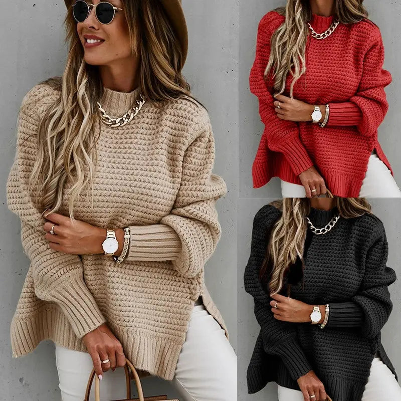 Solid color drawstring side slit knit sweater Conceitastral