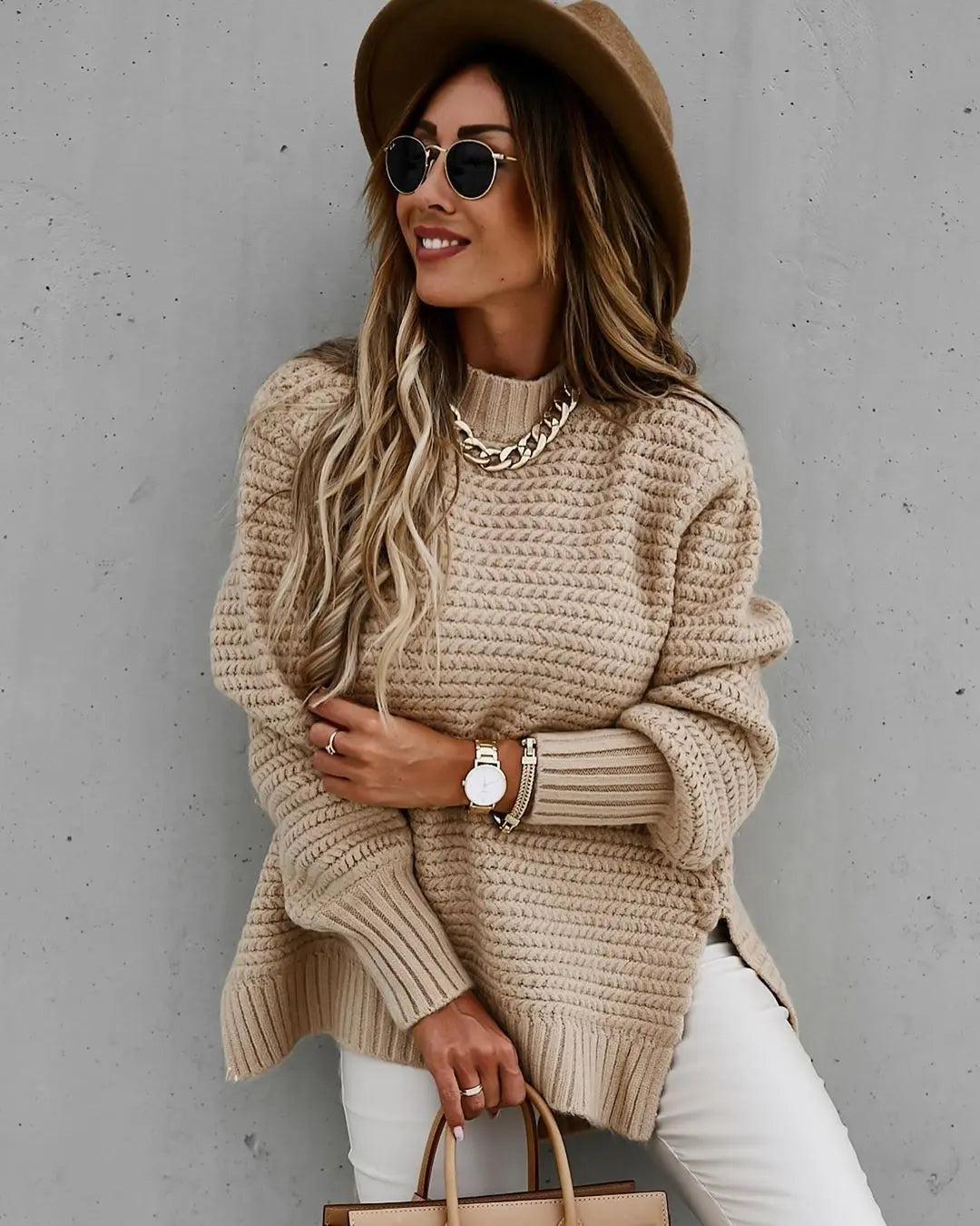 Solid color drawstring side slit knit sweater Conceitastral
