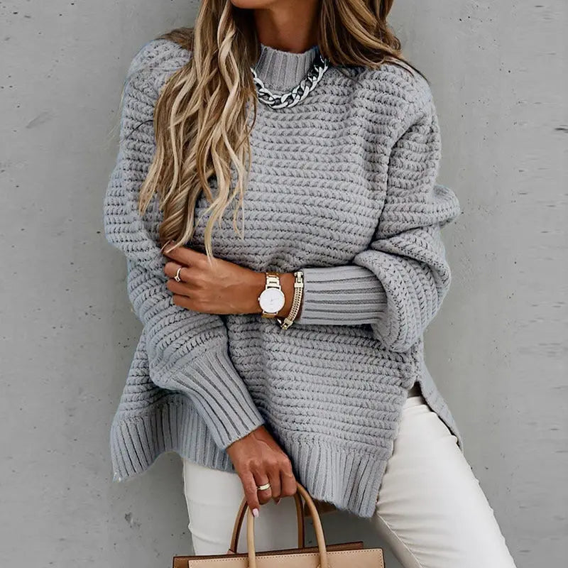 Solid color drawstring side slit knit sweater Conceitastral