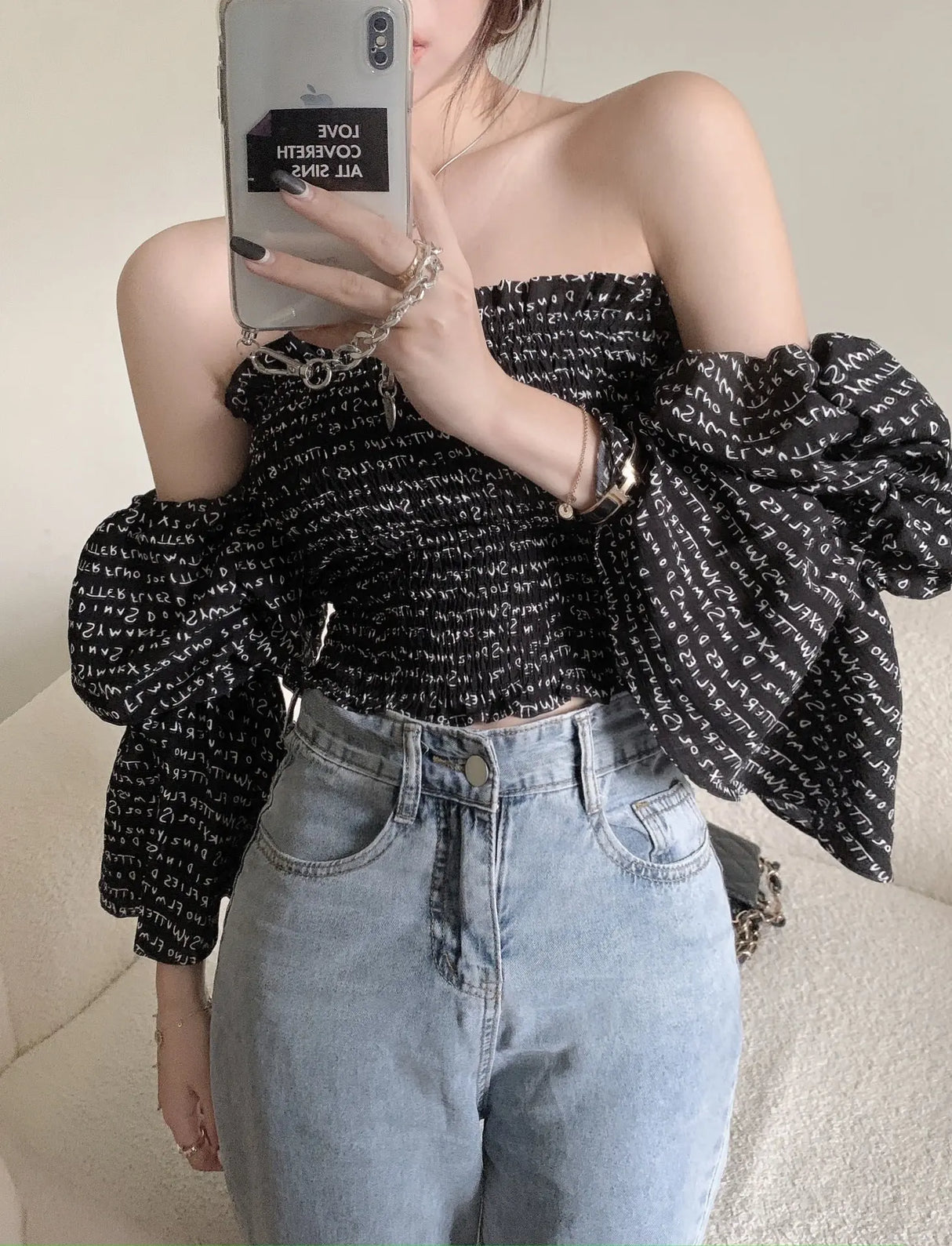 Temperament Word Neck Top Puff Sleeves All Match Conceitastral