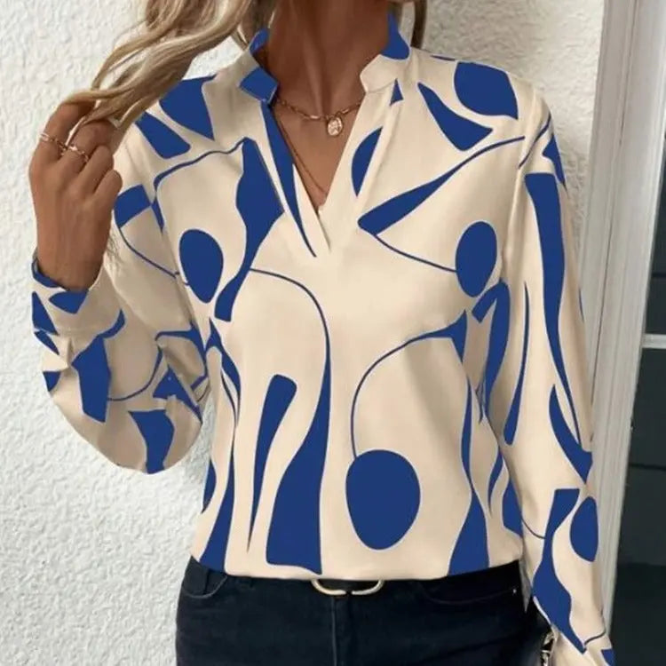 V-neck Long Sleeve Slimming Printed Stand Collar Shirt Conceitastral