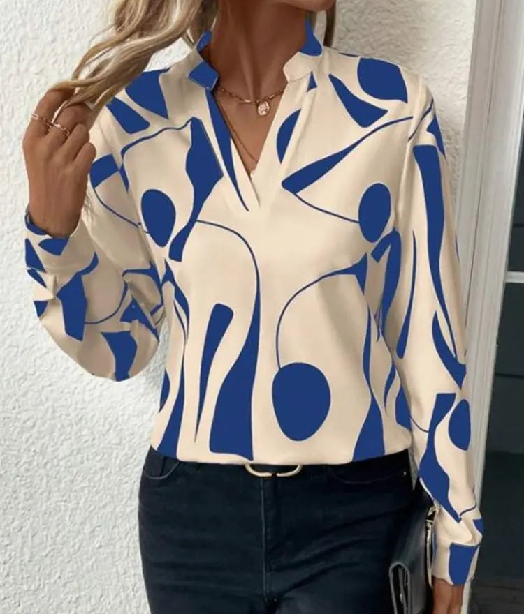 V-neck Long Sleeve Slimming Printed Stand Collar Shirt Conceitastral
