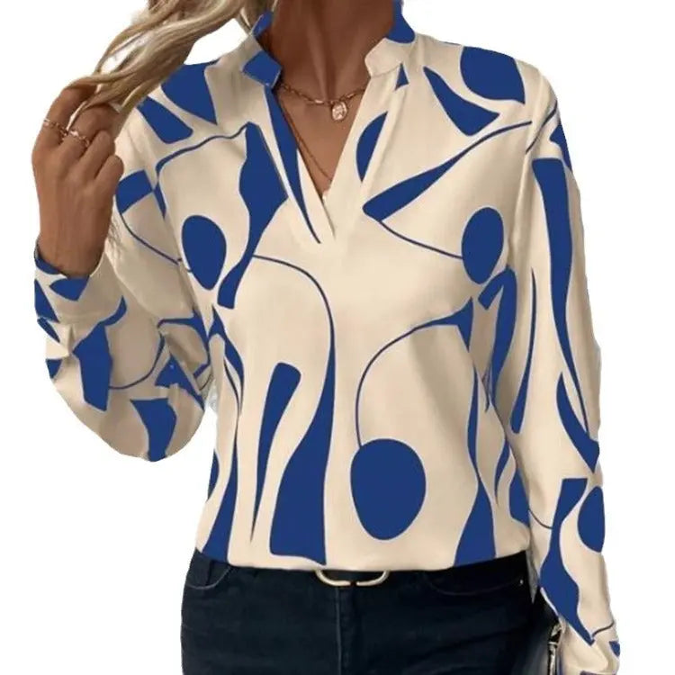 V-neck Long Sleeve Slimming Printed Stand Collar Shirt Conceitastral