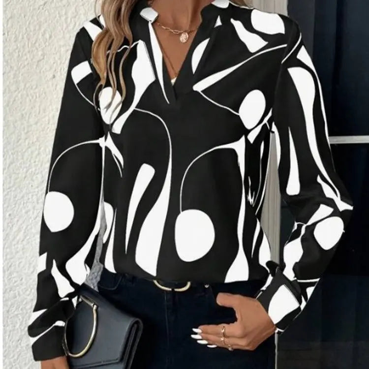 V-neck Long Sleeve Slimming Printed Stand Collar Shirt Conceitastral