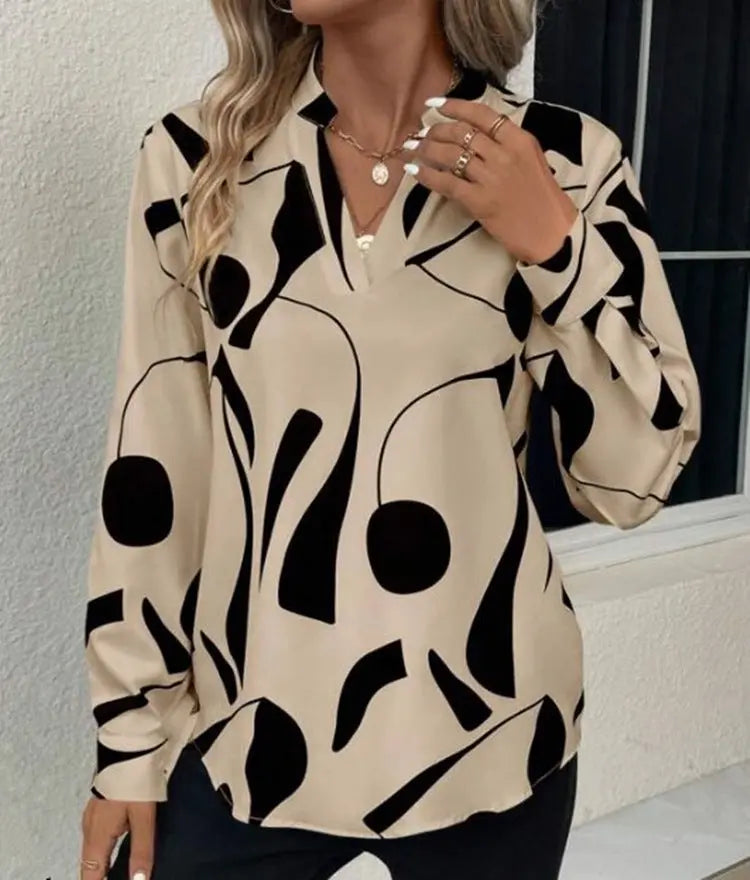 V-neck Long Sleeve Slimming Printed Stand Collar Shirt Conceitastral