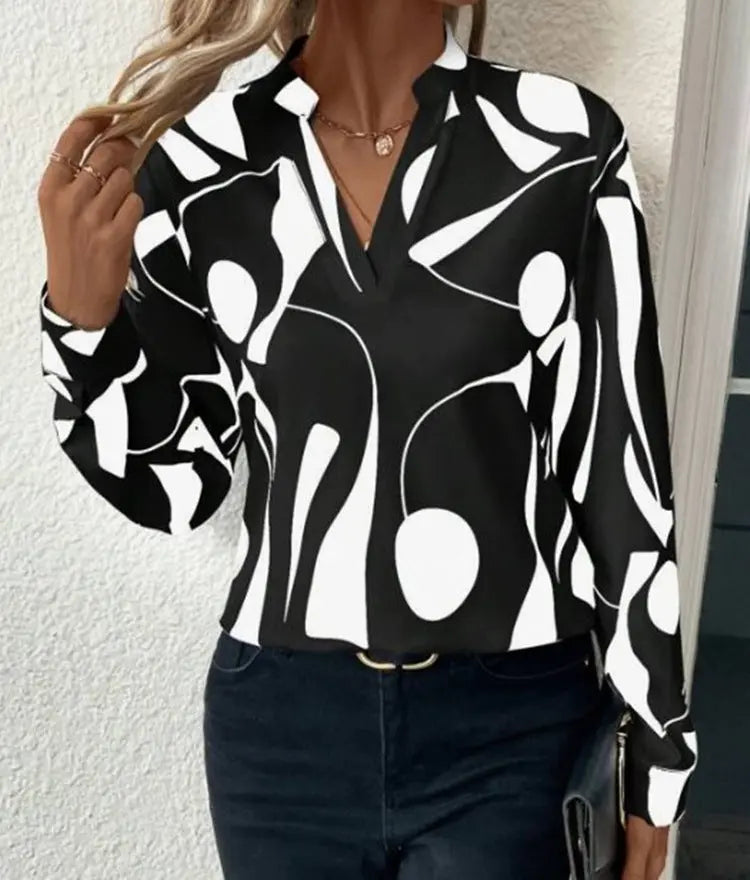 V-neck Long Sleeve Slimming Printed Stand Collar Shirt Conceitastral