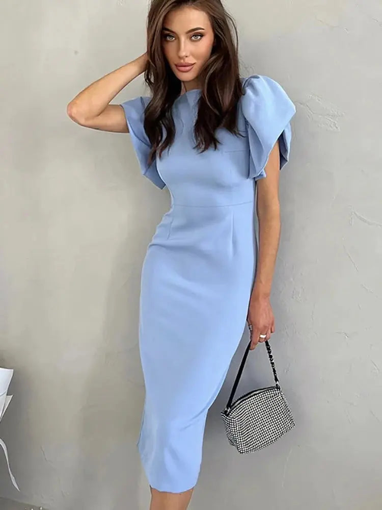 Vestido Midi Justo com Mangas Ruffle para Mulheres – Elegante e Casual para o Verão 2023 Conceitastral