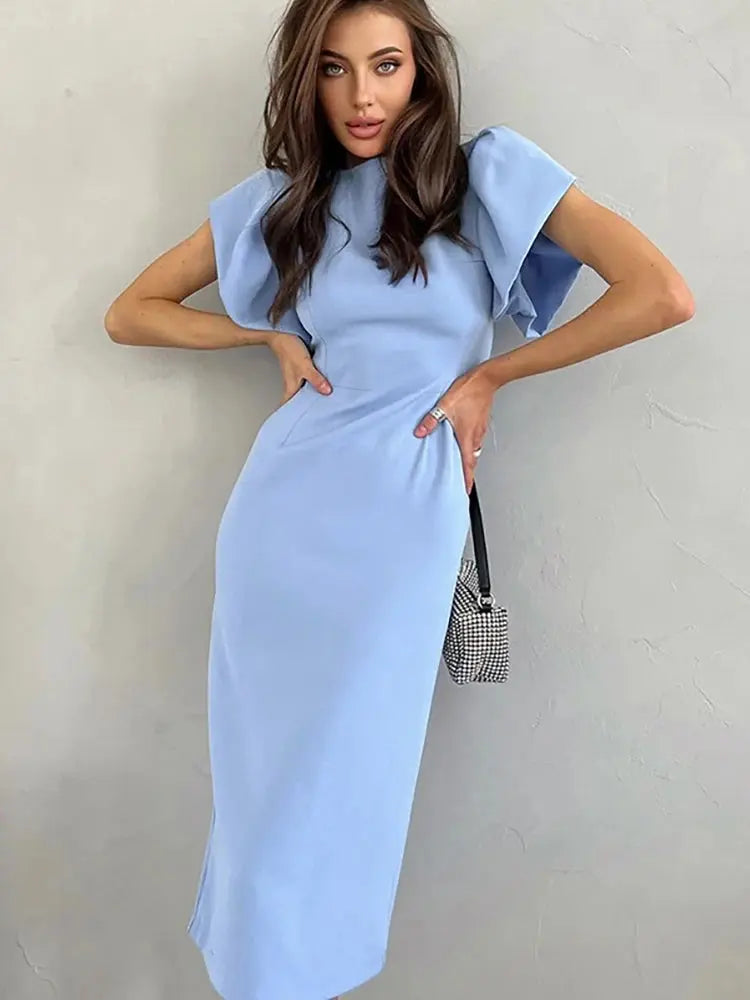 Vestido Midi Justo com Mangas Ruffle para Mulheres – Elegante e Casual para o Verão 2023 Conceitastral
