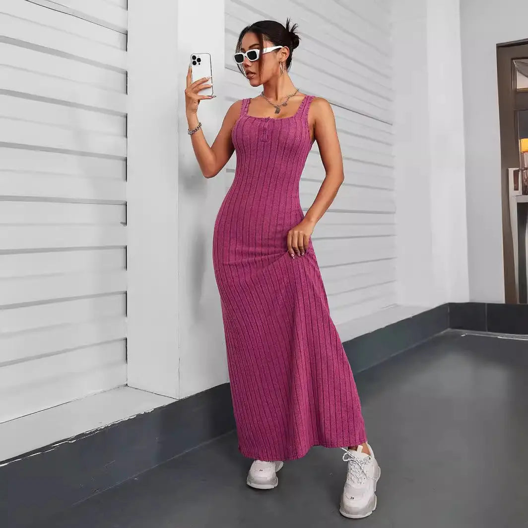 Vestido feminino elegante de cor sólida e sem mangas Conceitastral