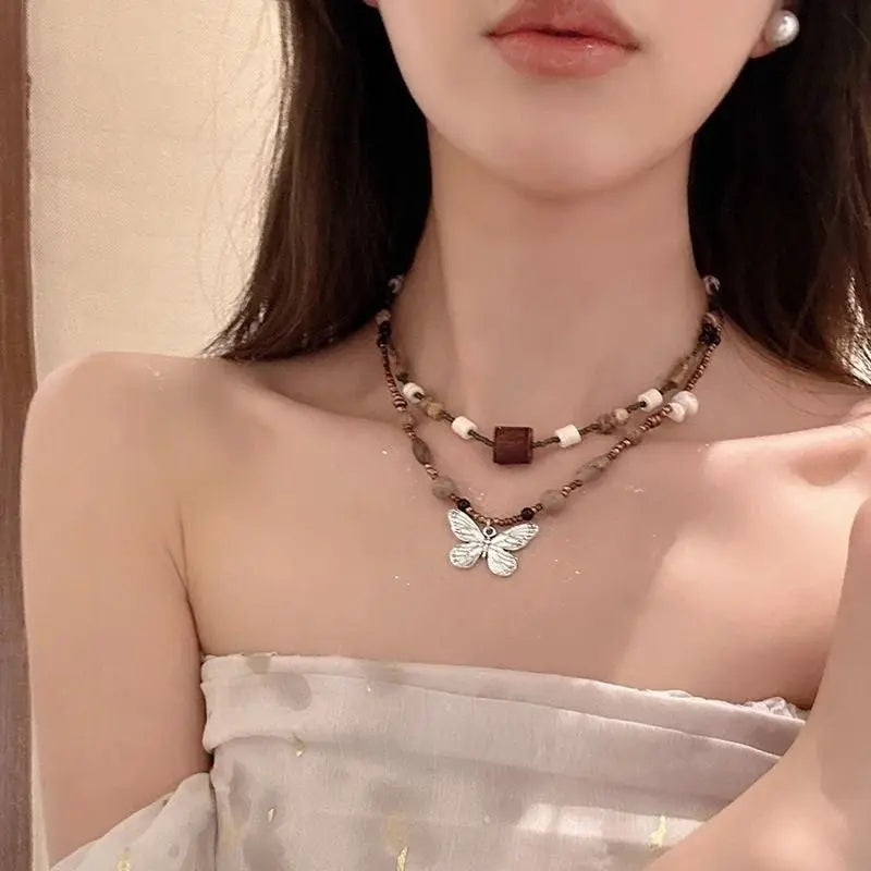 Vintage Beaded Butterfly Necklace For Women Conceitastral