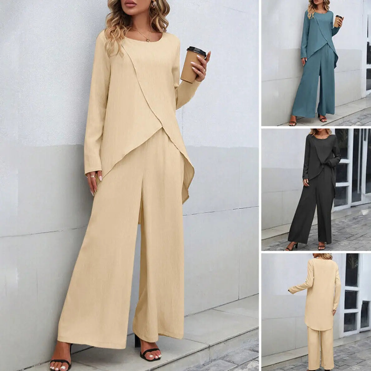 Women's Fashion Long Sleeve Irregular Hem Top Elastic Waist Wide Leg Trousers Two-piece Set Conceitastral