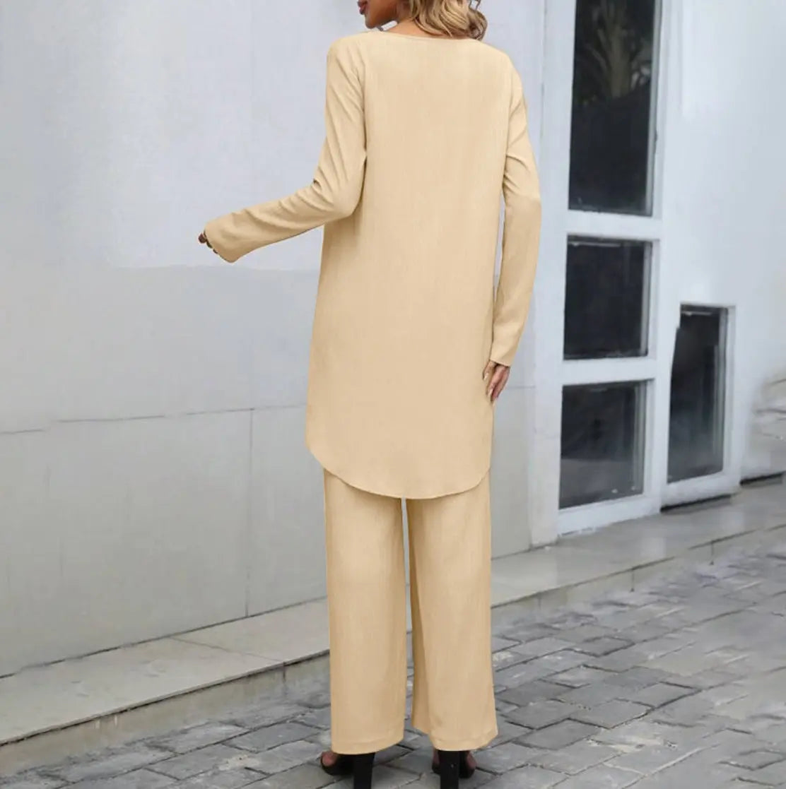 Women's Fashion Long Sleeve Irregular Hem Top Elastic Waist Wide Leg Trousers Two-piece Set Conceitastral