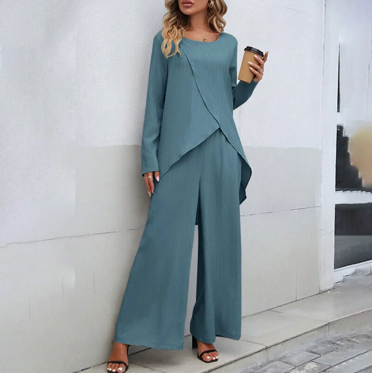 Women's Fashion Long Sleeve Irregular Hem Top Elastic Waist Wide Leg Trousers Two-piece Set Conceitastral