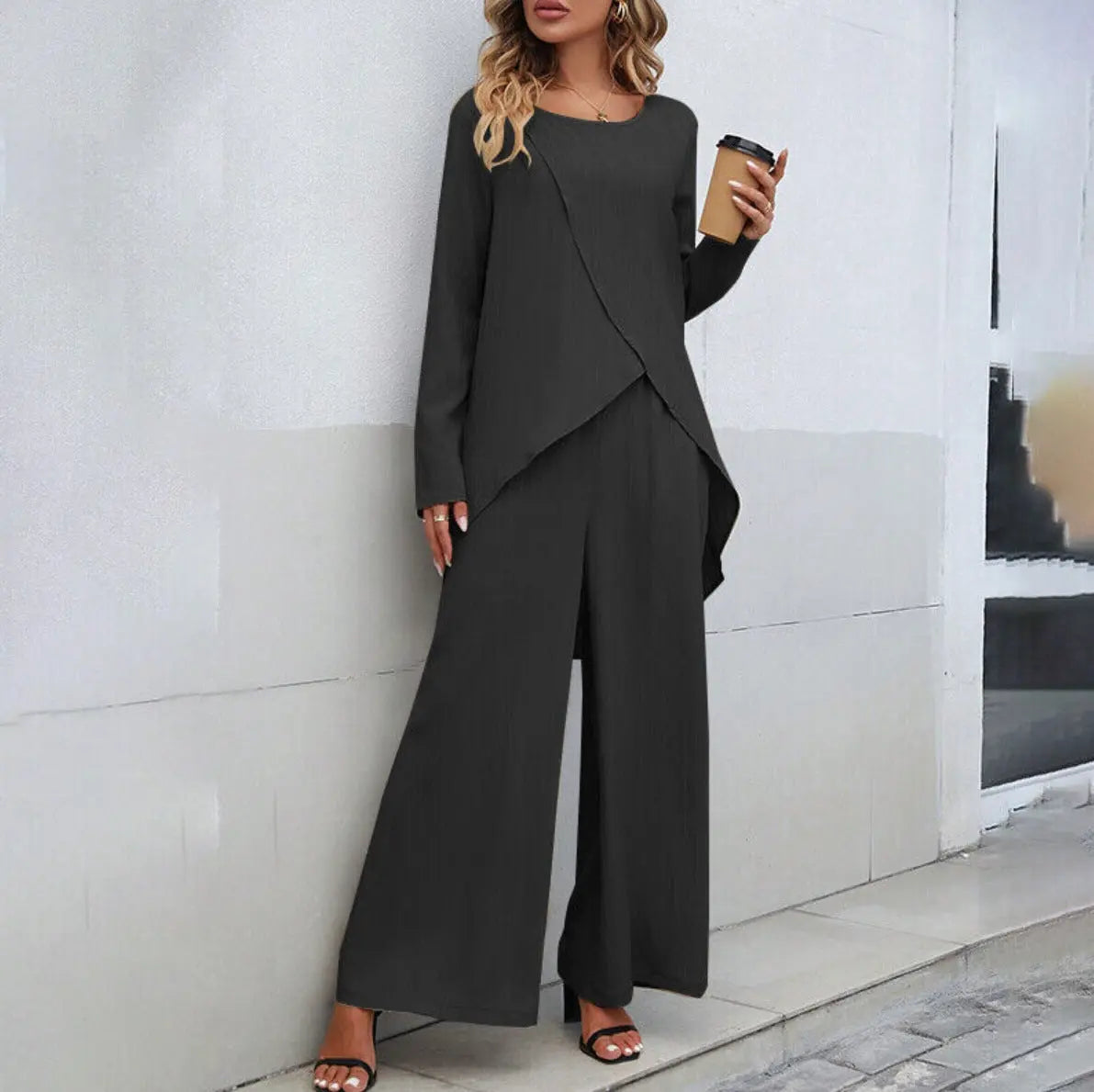 Women's Fashion Long Sleeve Irregular Hem Top Elastic Waist Wide Leg Trousers Two-piece Set Conceitastral