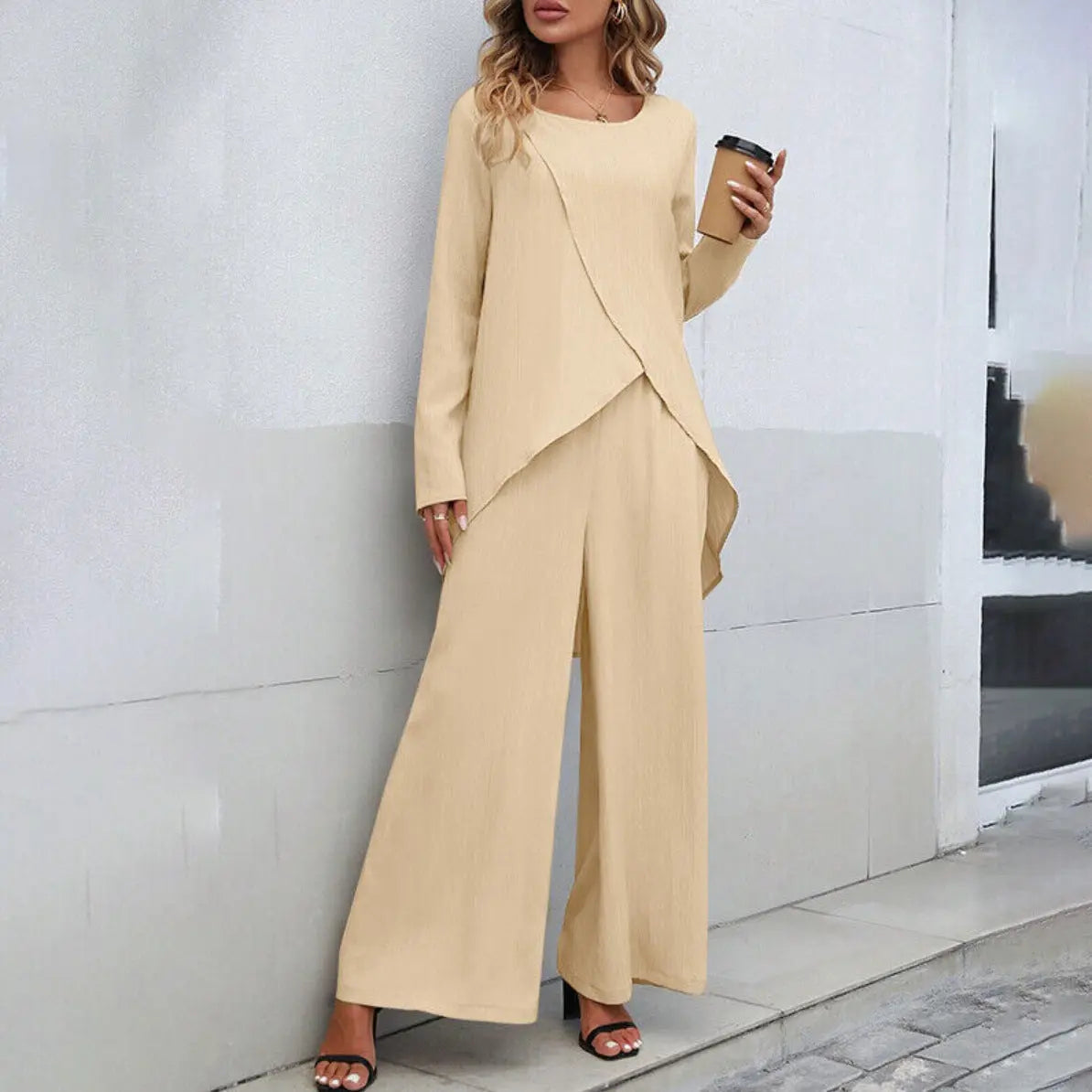 Women's Fashion Long Sleeve Irregular Hem Top Elastic Waist Wide Leg Trousers Two-piece Set Conceitastral