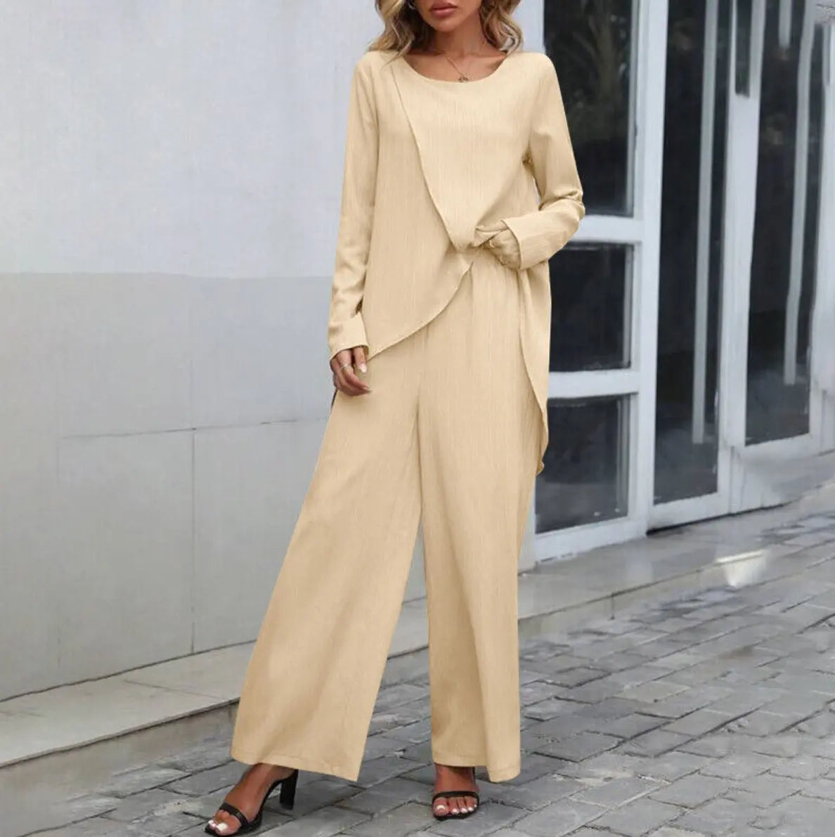 Women's Fashion Long Sleeve Irregular Hem Top Elastic Waist Wide Leg Trousers Two-piece Set Conceitastral