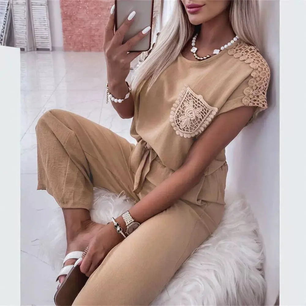 Women's New Lace Stitching Coat Wide Leg Pants Casual Suit Conceitastral