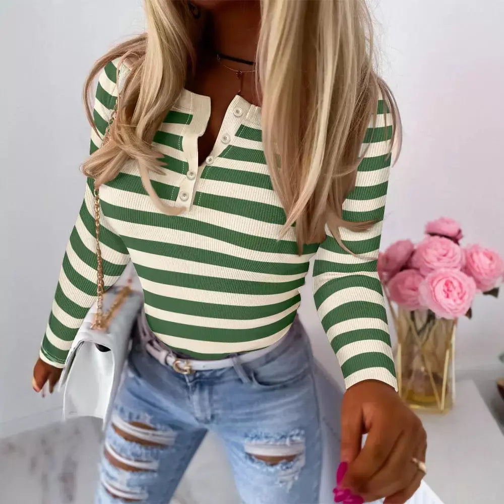 Women's New Sunken Stripe Contrast Color Long Sleeves Striped Top Conceitastral