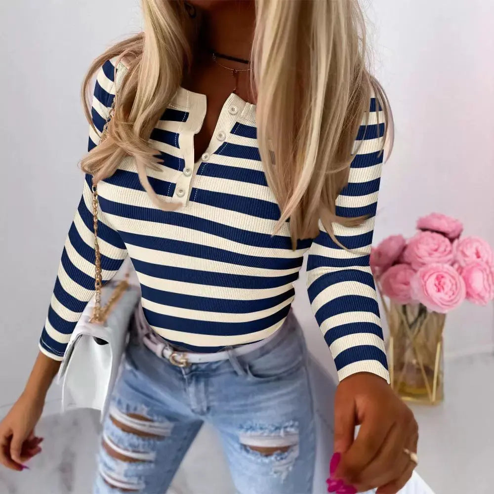 Women's New Sunken Stripe Contrast Color Long Sleeves Striped Top Conceitastral