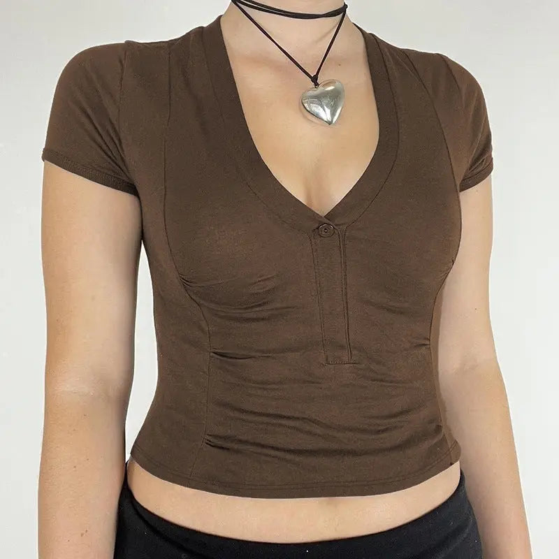 Women's Temperament Pure Color V-neck Short-sleeved Hot Girl Top Conceitastral