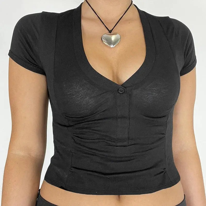 Women's Temperament Pure Color V-neck Short-sleeved Hot Girl Top Conceitastral