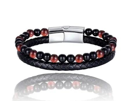 6mm Volcanic Natural Stone Tigereye Beaded Bracelet Men Cowhide String Bracelets Conceitastral