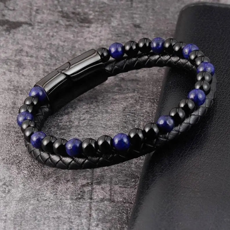 6mm Volcanic Natural Stone Tigereye Beaded Bracelet Men Cowhide String Bracelets Conceitastral
